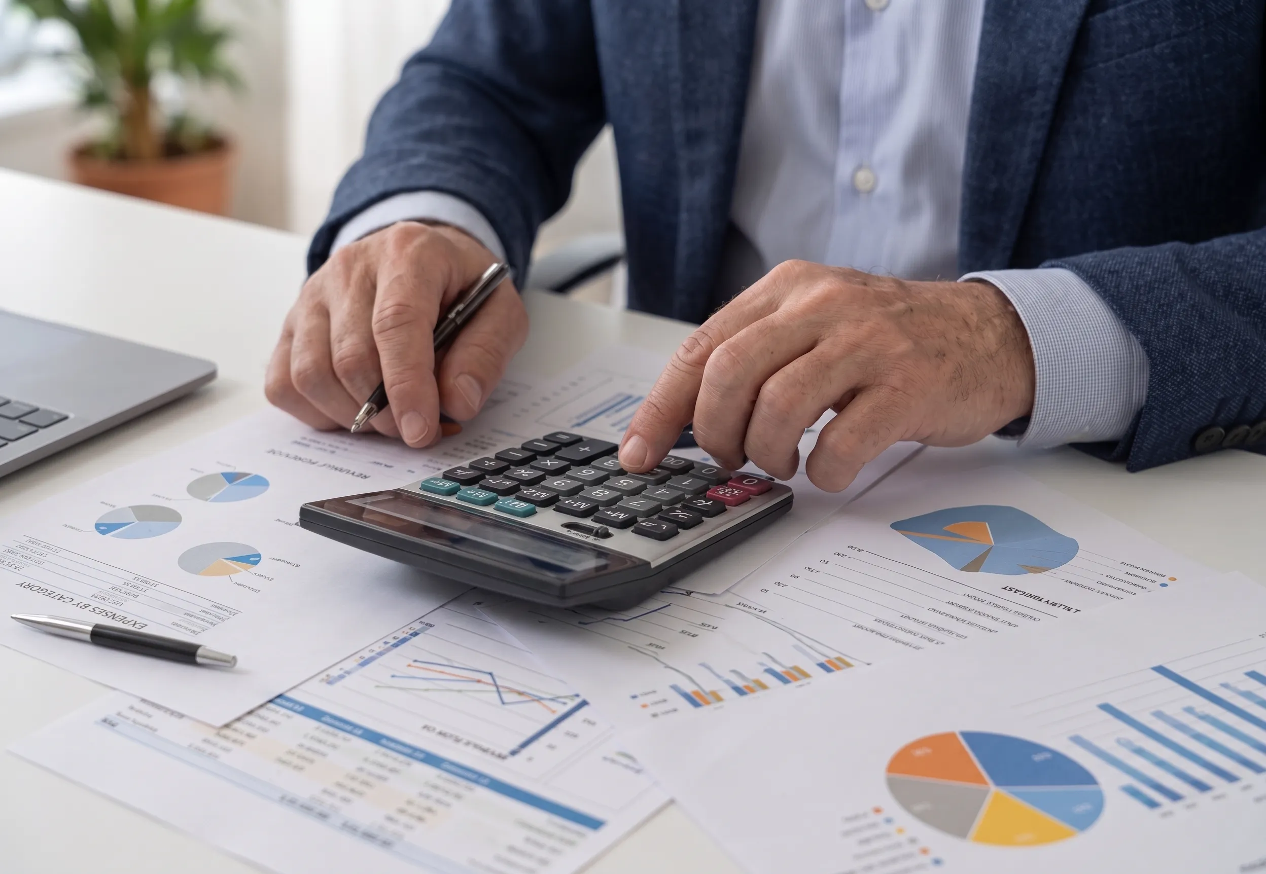 accountant reviewing financial reports and documents at clean desk with calculator and charts, profe