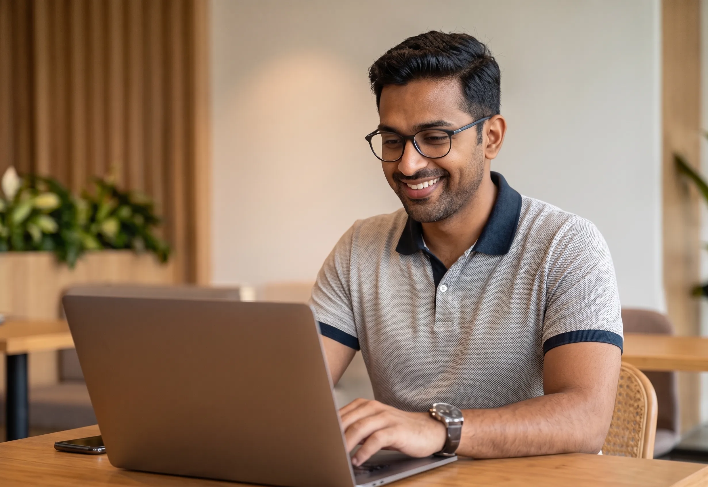 confident young Emirati male entrepreneur working in trendy cafe, laptop open, casual business att